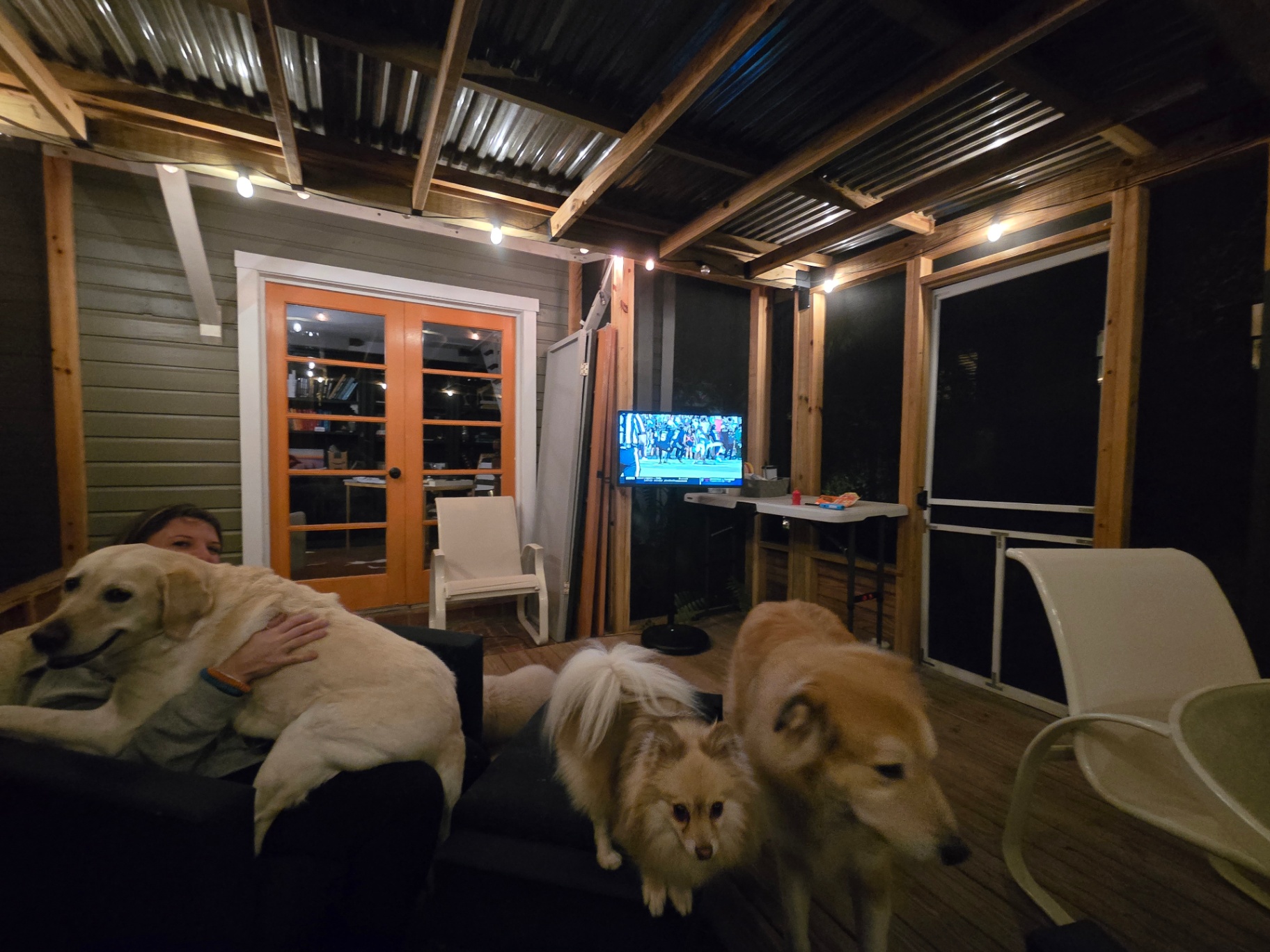 Evening on the covered porch with dogs settled in for the night