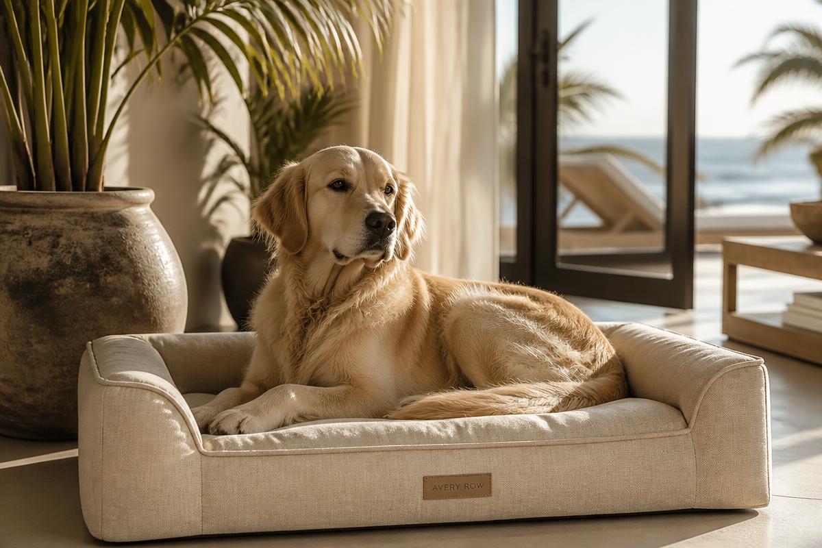 Golden retriever resting on a linen bed in a sunlit coastal suite